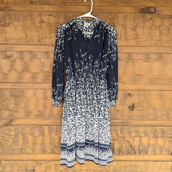 Vintage 70s Artsy Murray Meisner Dress Women's Size Small Navy Floral Ombre - Picture 1 of 7